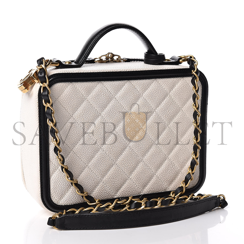 CHANEL CAVIAR QUILTED MEDIUM CC FILIGREE VANITY CASE WHITE BLACK (20*15*8cm)